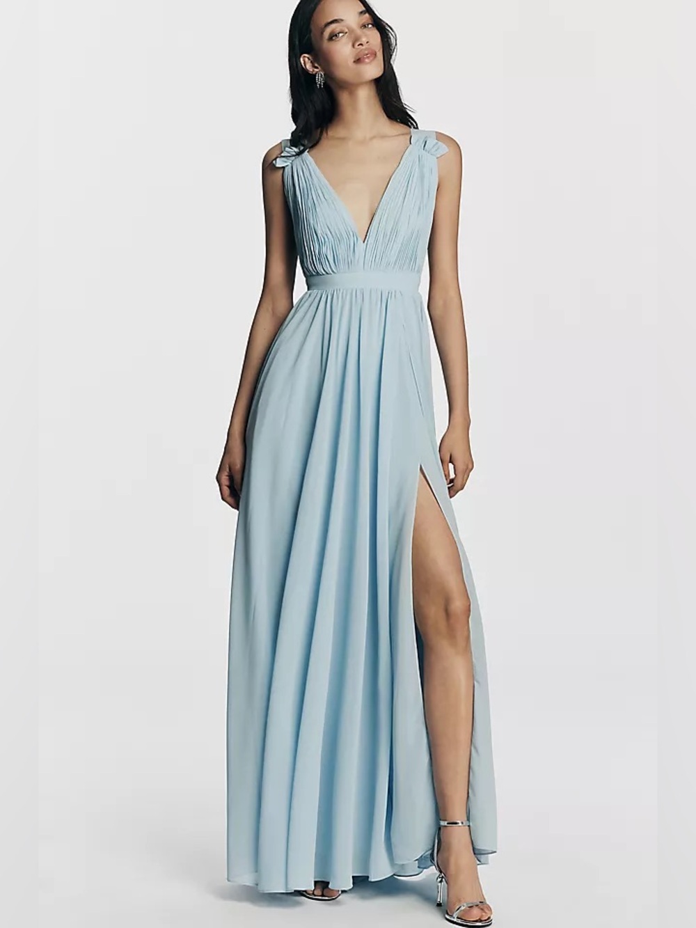 Mac Duggal 55321 Plunge V-Neck Pleated Chiffon Gown Powder Blue